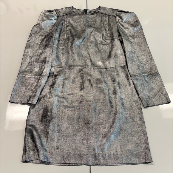 Something Navy Metallic Silver Puff Sleeve Mini Dress. Medium - Picture 7 of 13